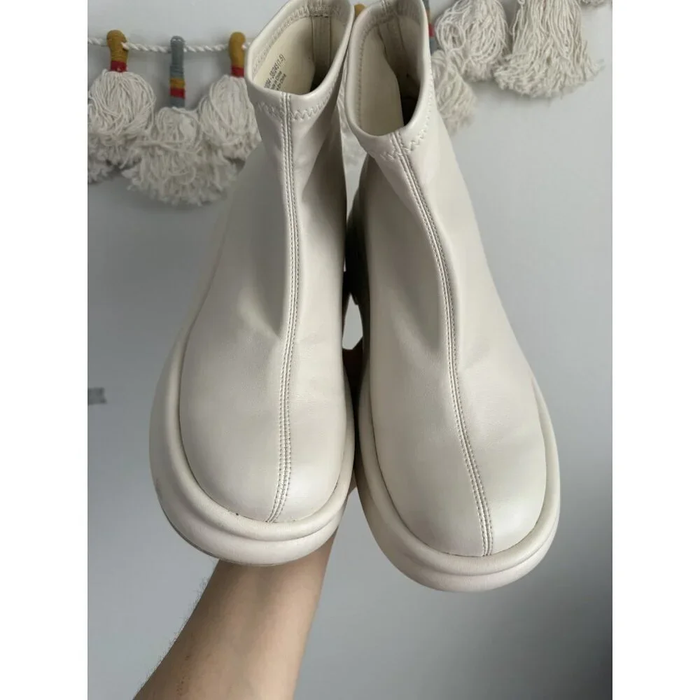 Charles & Keith Nola Leather Chalk White Slip On Ankle Booties Minimalist 38